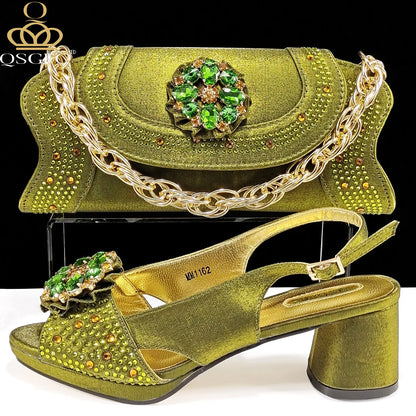 Open Toe Women Heels for 2024 Elegant Party Olive Color Diamond Pumps Italian Shoes and Bags Matching Set