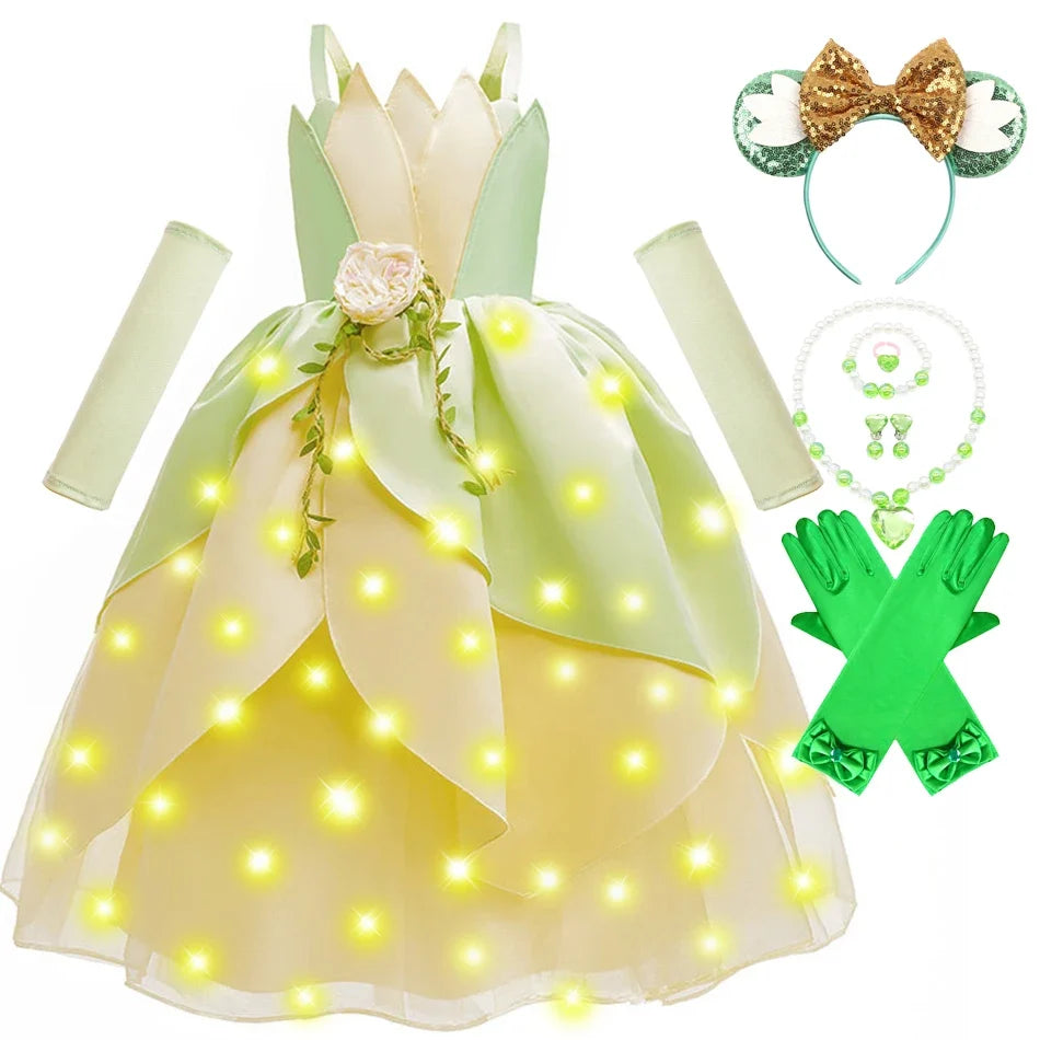 Tiana Fancy Girls Princess Costume Kid Carnival Dress Cosplay Floral LED Light Up Clothing Halloween Girls Christmas Party 2-11T