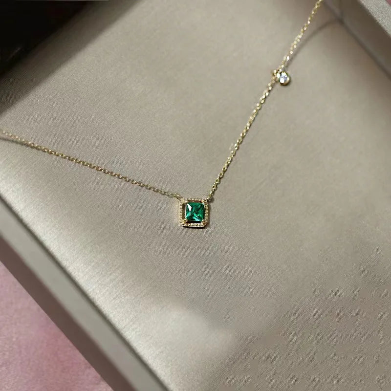 S925 Sterling Silver Simple Emerald Crystal Chain  Necklace  Women Light Luxury Temperament Plating 18k Gold Jew   style