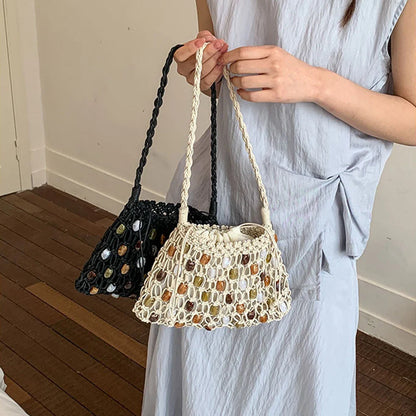 Hollow Beading Women Shoulder Bag Rope Knitting Handbags Bohemian Crochet Mesh Bags for Women Small Woven Beach Bag Flap Tote