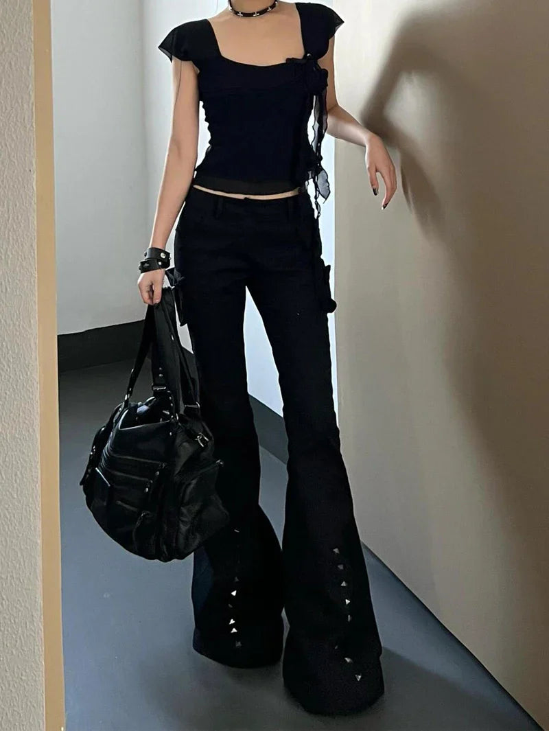Hight Street Sheath High Waist Flared Jeans Black Kpop Retro Y2K Harajuku Pants Women's Vintage Slim 2000s Skinny Denim Trouser
