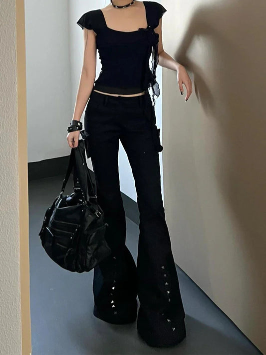 Hight Street Sheath High Waist Flared Jeans Black Kpop Retro Y2K Harajuku Pants Women's Vintage Slim 2000s Skinny Denim Trouser