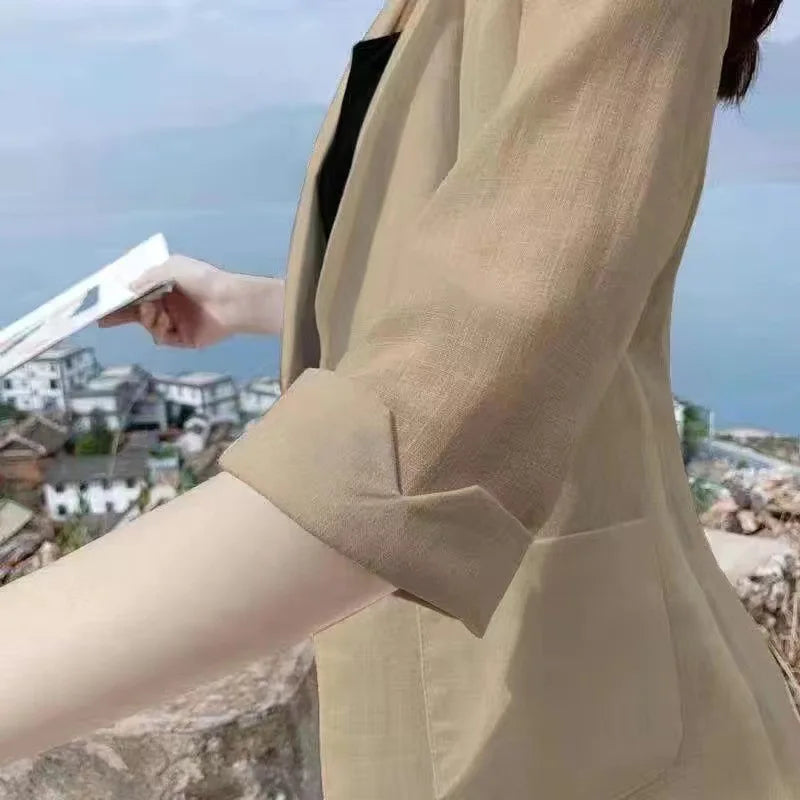 Linen Small Blazer For Women, Thin  Summer Suit, Korean Version, Sun Protection, Casual British Style, White And Black