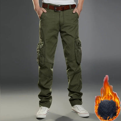 Winter Cargo Pant Men Straight Leg Fit Brushed Trouser Male Cotton Fleece Lined Warm Pocket Work Black Elegant Military Tactical