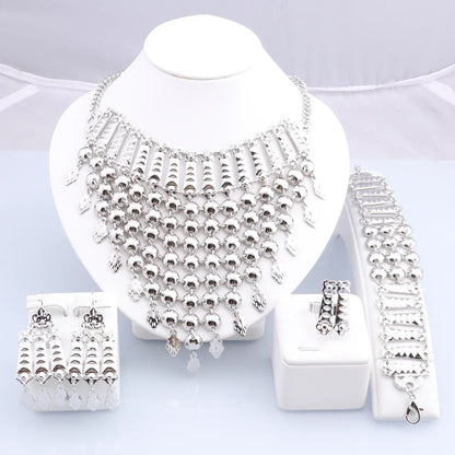 New Tassels Silver Plated Necklace Earrings Bracelet Ring Set for Women Bridal Chains Ethinc Wedding Jewelry Bride Gifts