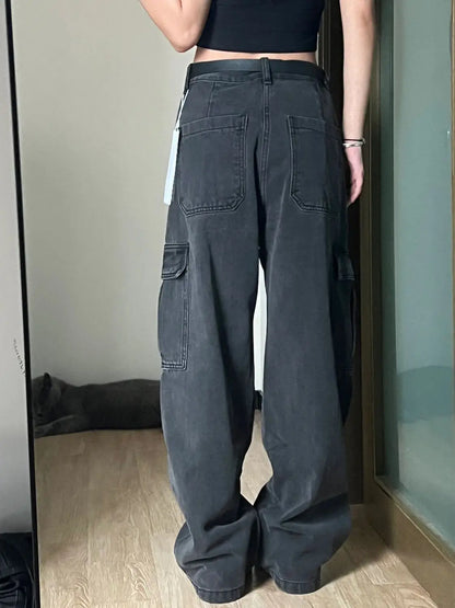American Vintage Cargo Pants Women Retro Vibe Style Loose Fit Multi Pocket Denim Trousers Casual Straight Leg Workwear Fashion