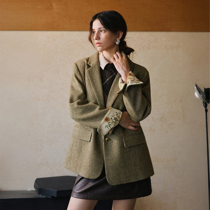 Women's Blazer Floral Spliced Jacquard Cuff Blazers Spring 2026 Old Money Style Oversize Long Wool Coats GO57DN002081