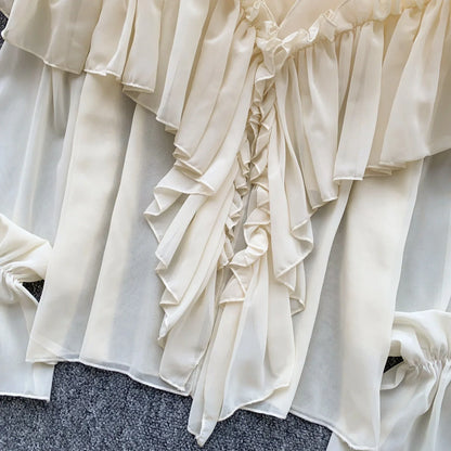 Chic Ruffles Splice Chiffon Blouse V Neck Flared Sleeve Loose Tops 2025 Fashion Solid Fairycore Vacation Women Shirt