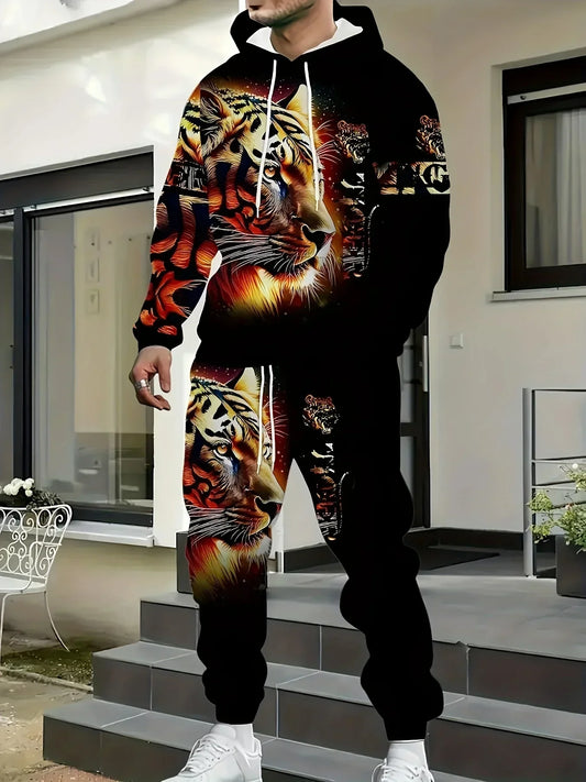 Vintage Men's Hooded Hoodies 3D Printed Battle Animal Pattern Sweatshirt Drawstring Sport Long Sleeve Tops Casual Men's Set