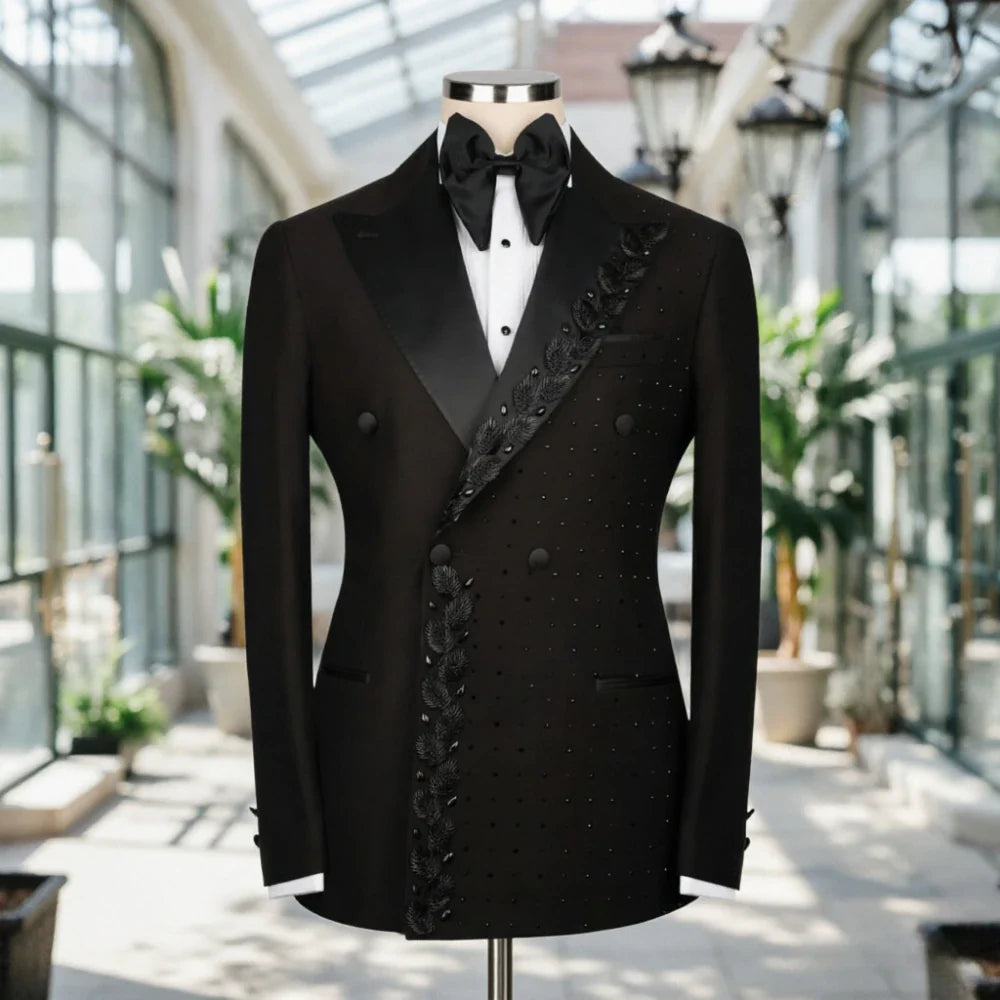 Beaded Men Suits Textured Black Embroidery Double Breasted Formal Slim Fit Groom Tuxedo Wedding Prom Dinner Party Blazer Pants