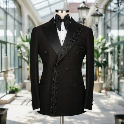 Beaded Men Suits Textured Black Embroidery Double Breasted Formal Slim Fit Groom Tuxedo Wedding Prom Dinner Party Blazer Pants