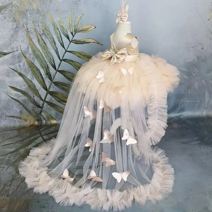 Puffy Girl Dress Pink Baby Dress with Train Flower Girl Dress Bow Cute Kid's Child Birthday Dresses Frist Communion