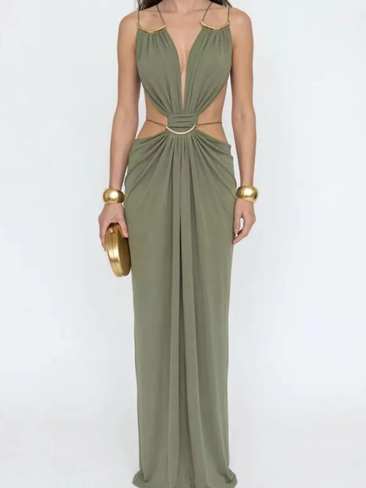 Sexy Halter Strap Long Dress Deep V Pleated Waist Recessed Backless Slim Fit Robe 2026 Summer Vacation Seaside Elegant Lady Gown