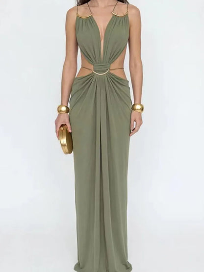 Sexy Halter Strap Long Dress Deep V Pleated Waist Recessed Backless Slim Fit Robe 2026 Summer Vacation Seaside Elegant Lady Gown