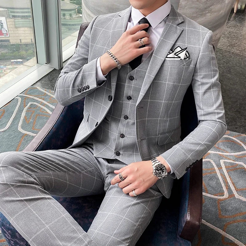Blue Men Classic Striped/Checked Suits, Asian Size Slim Fit Business Office 3-Piece Sets, Black/Gray and Red Available.