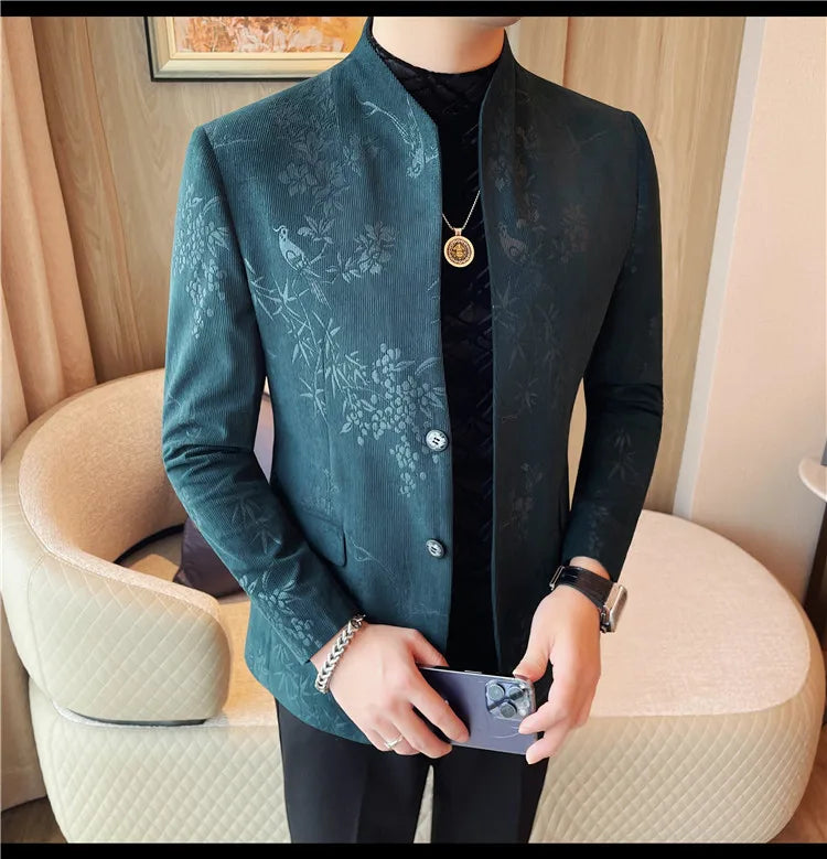 Men's New Chinese Stand Collar Blazer Jacket 2025 Fashion Elegant Printed Slim Fit Business Suits Jacket Tailcoat Men Clothing