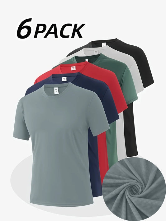 6-Pack Men's Breathable Polyester Crew Neck T-Shirts - Lightweight, Moisture-Wicking Short Sleeve Tops in Multiple Colors for Casual Wear and Outdoor Activities