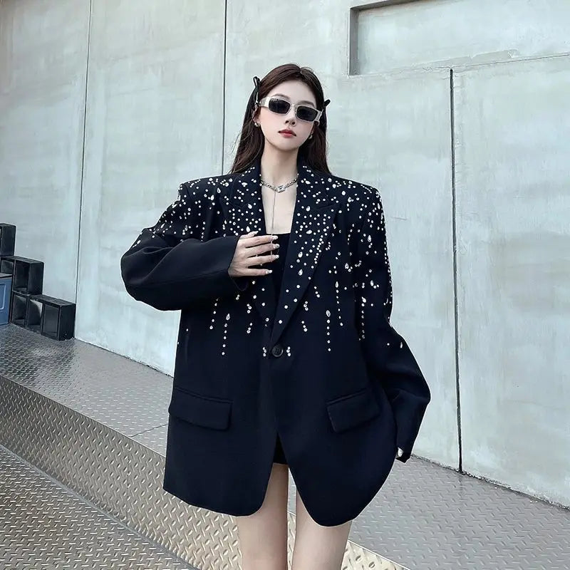 High-Quality Hot Diamond Black Blazer Women's Neutral Spring And Autumn New Design V ersatile Long-Sleeved Shoulder Padded Suit