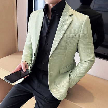 Bright Silk Thousand Bird Grid Suit Jacket Korean-style Business Fashion Slim Fit Single Breasted Men Social Party Dress Coats