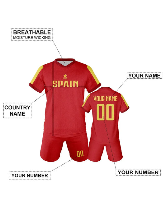 Spain Custom Soccer Jersey Sets Football Kit Kids Training Outfit Club Personalized Name Number Soccer Uniform for Boys ＆ Girls