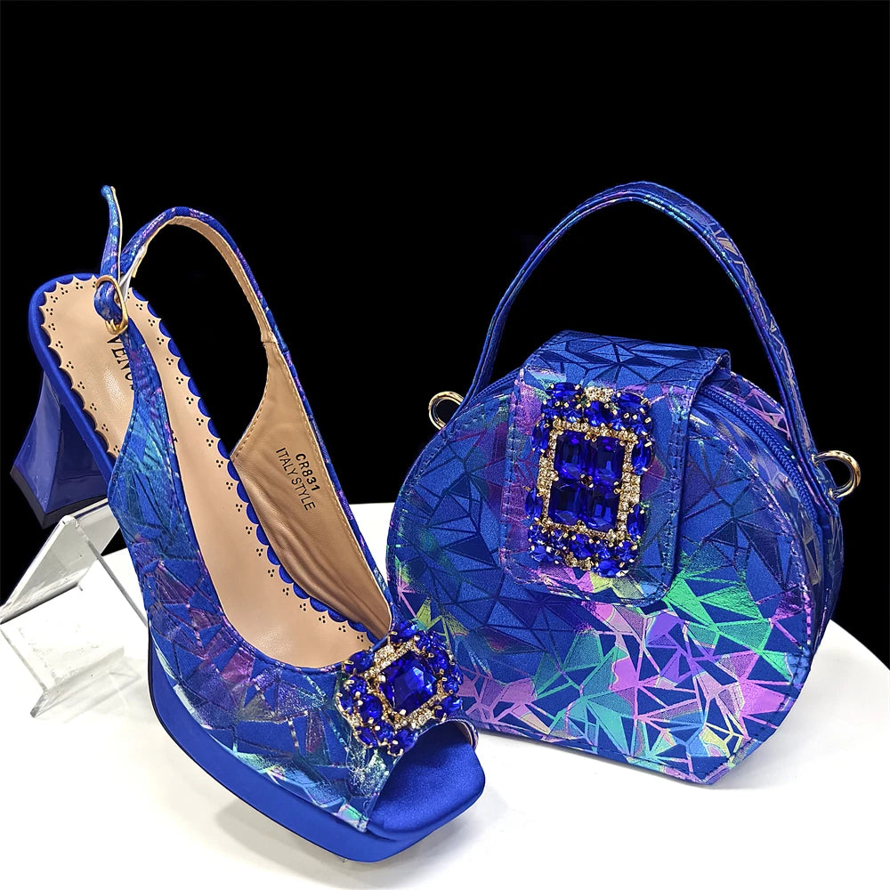 2025 Elegant Nigerian Style Women's Square Toe Open-Toe Heels & Matching Handbag Set - Stunning Blue for Weddings and Parties