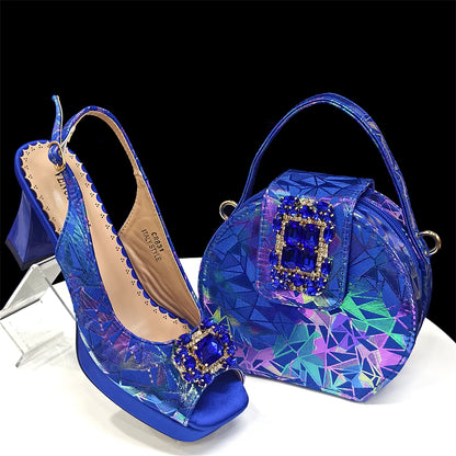 2025 Elegant Nigerian Style Women's Square Toe Open-Toe Heels & Matching Handbag Set - Stunning Blue for Weddings and Parties