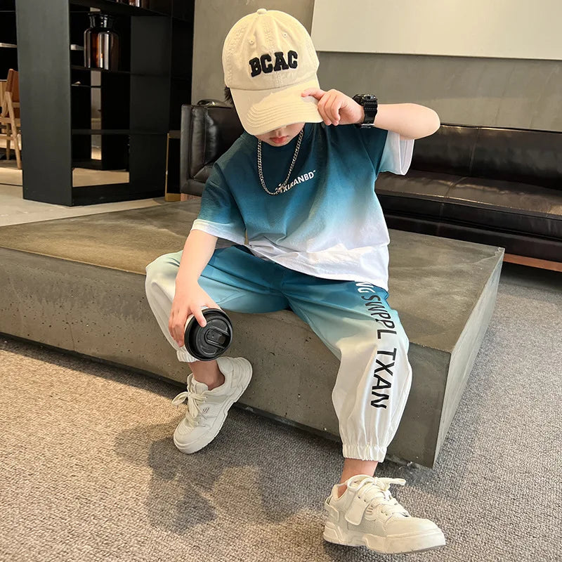 Summer Boys Gradient Contrast Alphabet t-Shirt Tops+Pant Workout Sets School Kids 2PCS Tracksuit Children Jogger Outfits 5-16 Yr