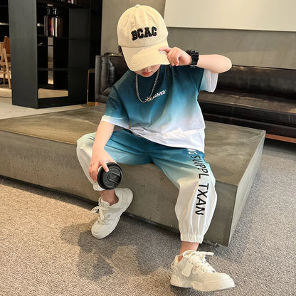 Summer Boys Gradient Contrast Alphabet t-Shirt Tops+Pant Workout Sets School Kids 2PCS Tracksuit Children Jogger Outfits 5-16 Yr