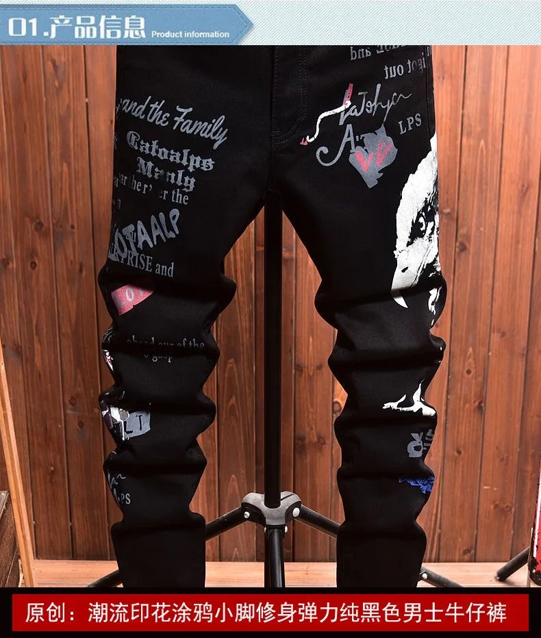 2025 Spring and Autumn New Fashion Trend Printed Black Straight Leg Jeans Men's Casual Comfort Breathable High Quality Pants