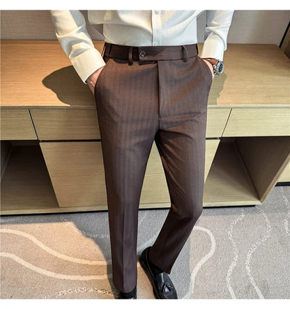 High Qualitys Wool Elastic Waist Striped Suit Pants Autumn Winter Thickening Men Business Slim Fit Social Casual Trousers Hommes