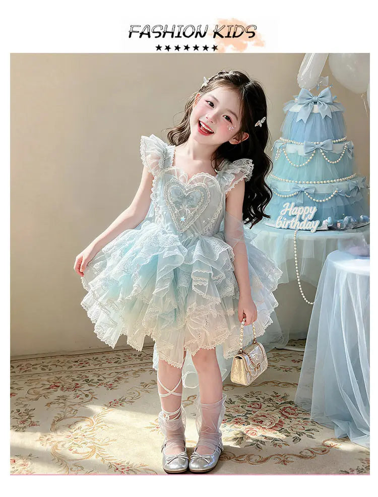 Baby Girls Sweet Sleeveless Lolita Princess Dress New 2026 Summer Childrens Elegant Lace Trim Tulle Bow Train Performance Gown