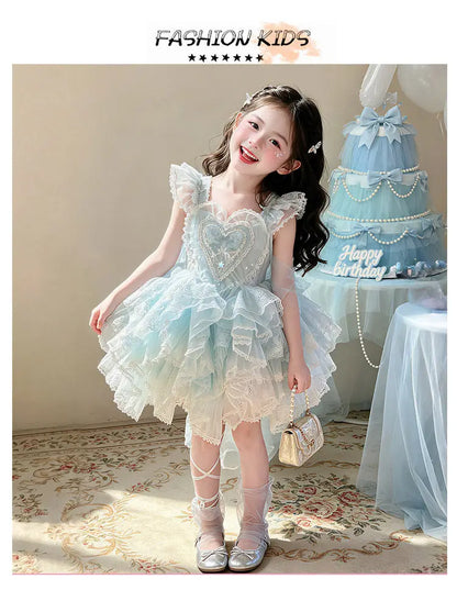 Baby Girls Sweet Sleeveless Lolita Princess Dress New 2026 Summer Childrens Elegant Lace Trim Tulle Bow Train Performance Gown