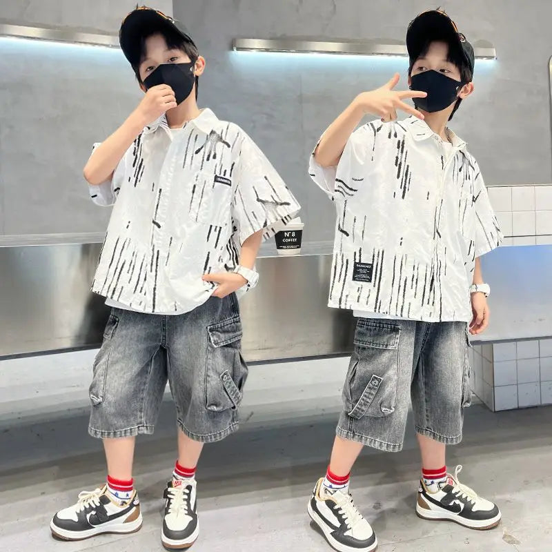 Summer Shirt Set Boys Sets Children T-shirts Children's Boy's Clothing Kids Clothes 10 14 Years Suit Year Old Outdoor Outfit Top