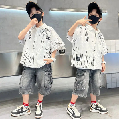 Summer Shirt Set Boys Sets Children T-shirts Children's Boy's Clothing Kids Clothes 10 14 Years Suit Year Old Outdoor Outfit Top