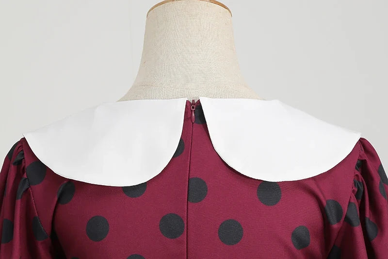 Elegant Women Summer Dress Puff Short Sleeve Polka Dot Peter pan Collar Vintage A-line Midi Long Party Sundress