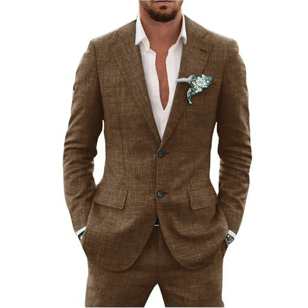 High Quality Linen Suits for Men Two Piece Formal Notch Lapel Single Breasted Male Suit Beach Casual Elegant Wedding Tuxedo