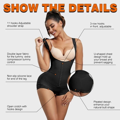 Bodysuit Shapewear Women Tummy Control Butt Lifter Faja Body Shaper Open Crotch With Hooks Design