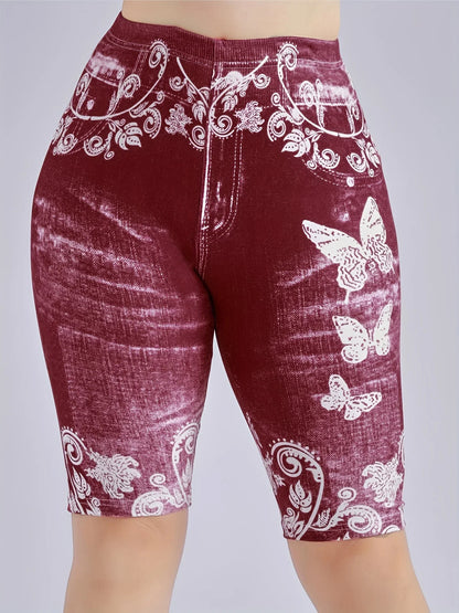 Lmitation Denim Leggings For Women Butterfly Waist Fruit Flower Elastic Shorts High Waist Casual