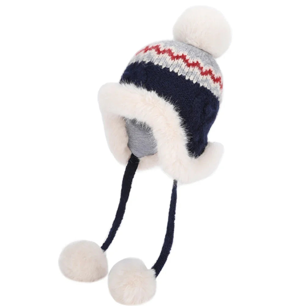 New Thick Warm Women Winter Hat Skullies Beanies Knitted Fur Hat Three Fur Ball Beanie Hat Female Earflap Cap Russian Hat