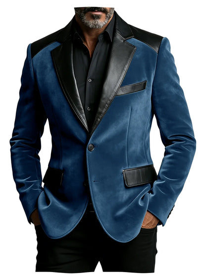 Men's Camel Velvet Blazer with Leather Patchwork Slim Fit Formal Casual Tuxedo Jacket Two-Tone Business Suit Coat
