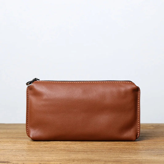 Portefeuille long en cuir souple pour homme, avec fermeture éclair, compartiment pour argent, porte-cartes en cuir de vachette, pochette pour téléphone portable