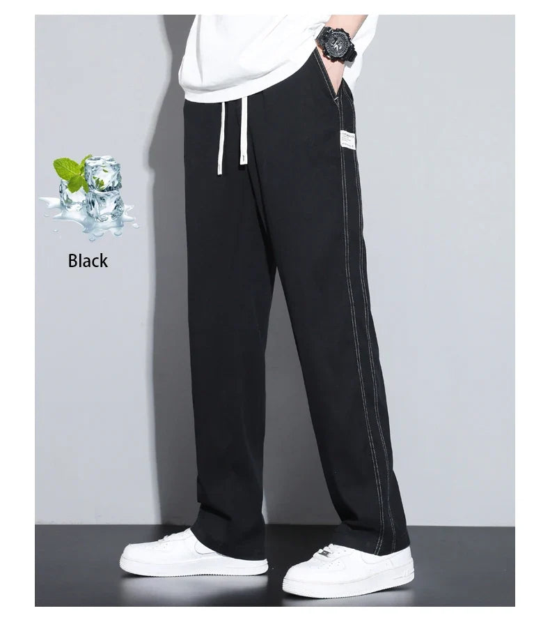 Summer Soft Lyocell Fabric Men's Jeans Thin Loose Straight Pants Drawstring Elastic Waist Korea Casual Trousers Plus Size M-5XL