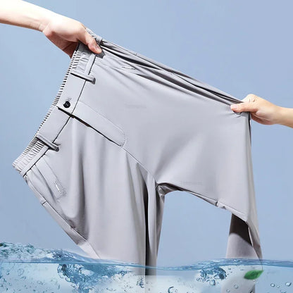 High Elastic Ice Silk Casual Pants Men's Spring Summer Ultra-thin Quick Drying Soft Breathable Business Straight Gray Trousers
