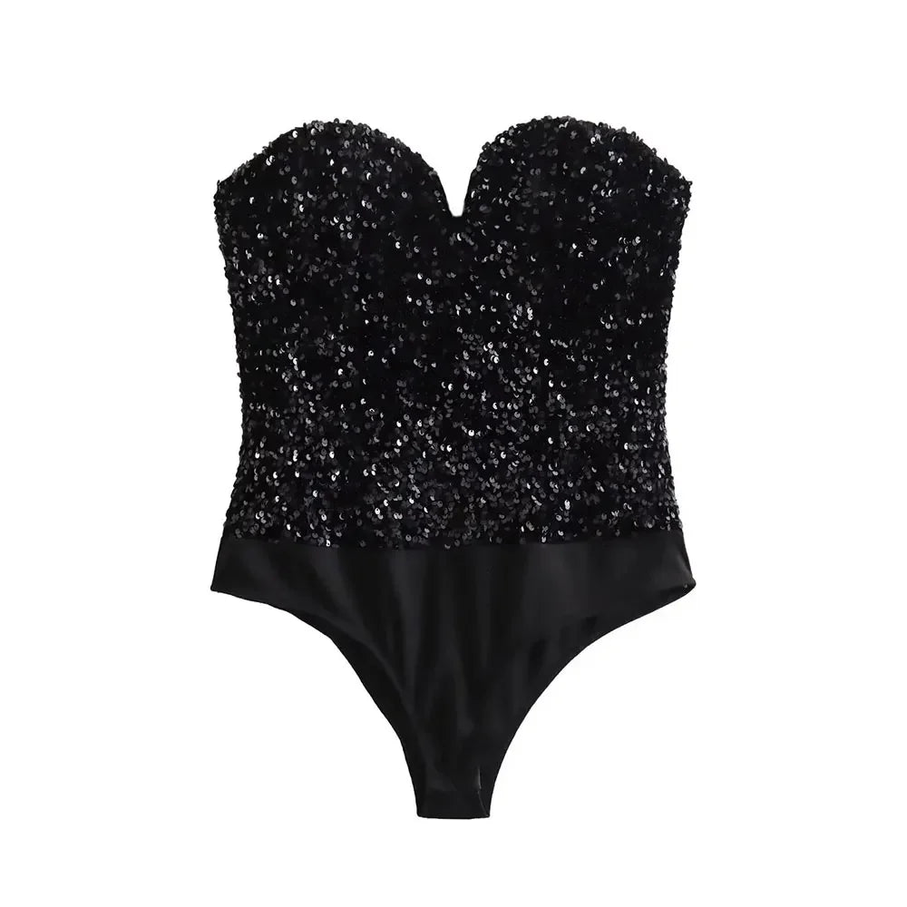 Strapless Sequin Bodysuits for Women, Backless Bodysuits, Sweetheart Neck, Female Playsuits, Sexy Fashion