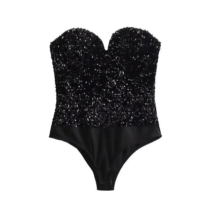 Strapless Sequin Bodysuits for Women, Backless Bodysuits, Sweetheart Neck, Female Playsuits, Sexy Fashion
