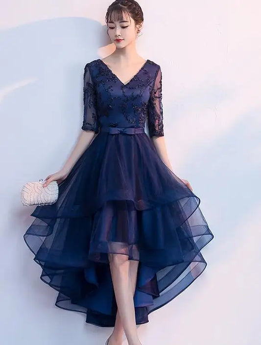 New 2026 Navy Blue Color V-Neck Formal Bridesmaid Dresses Half Sleeves Women Elegant Bride Gown Customized