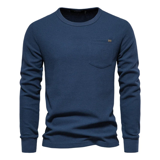 Waffle Cotton Solid Color Men Tshirts Single Pocket Long Sleeve Tee Shirts for Men New Spring Basic Breathable Tops Men
