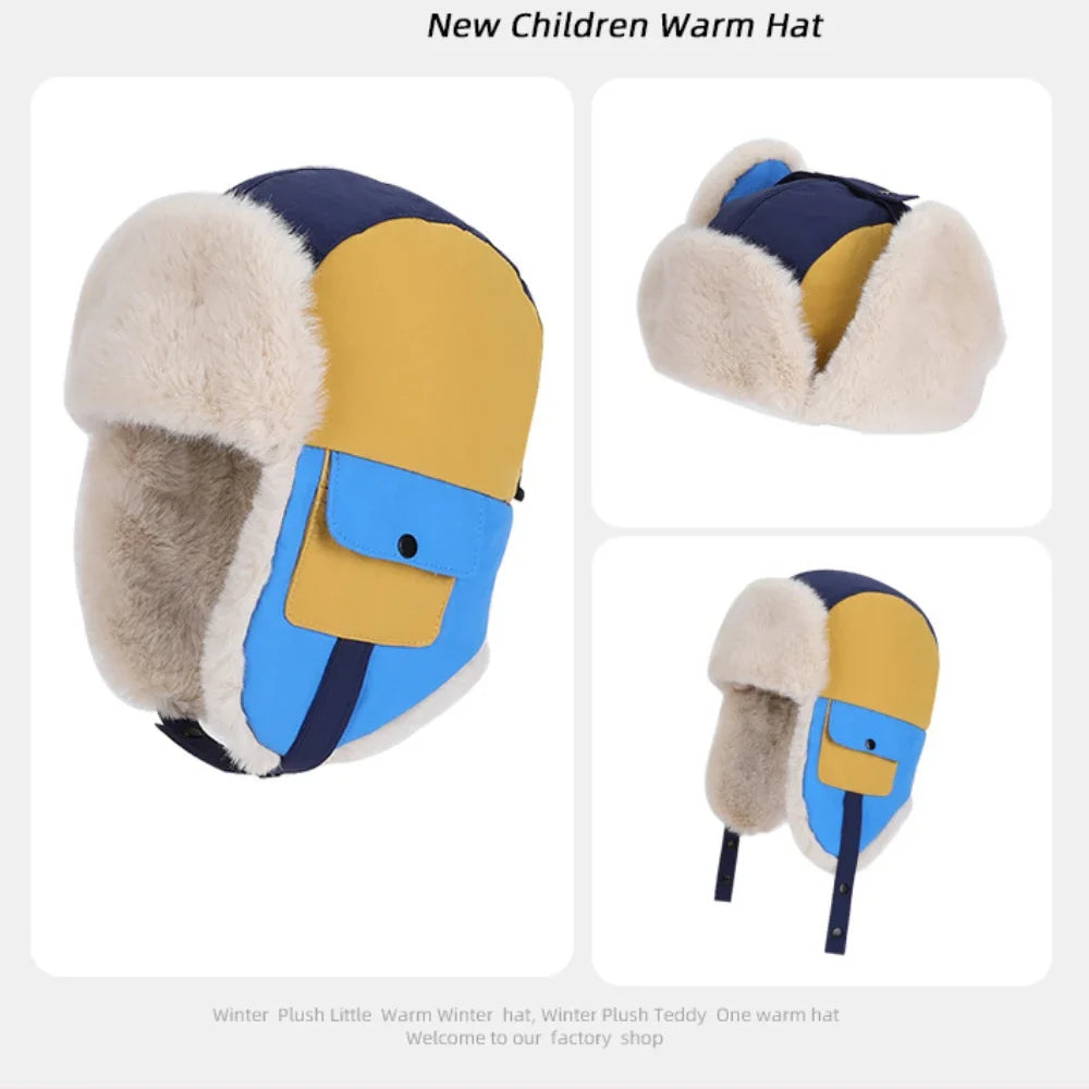 Children Winter Hat Thick Warm Outside Snow Ski Earflap Cap Boys Girls Patchwork Russian Hat Windproof Trapper Bomber Hat