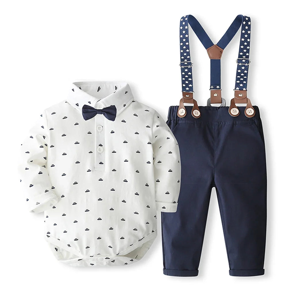Formal Gentleman Clothng Set for Baby Infant Solid Romper Suit Boy First Birthday Costume 0-24 Month Toddler Cotton Kids Outfit