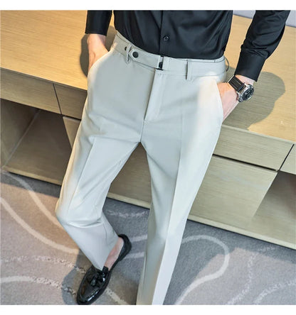 Fashion Belt Decoration Design Men's Suit Pants High Quality Business Slim Fit Casual Straight Formal Wedding Party Trousers
